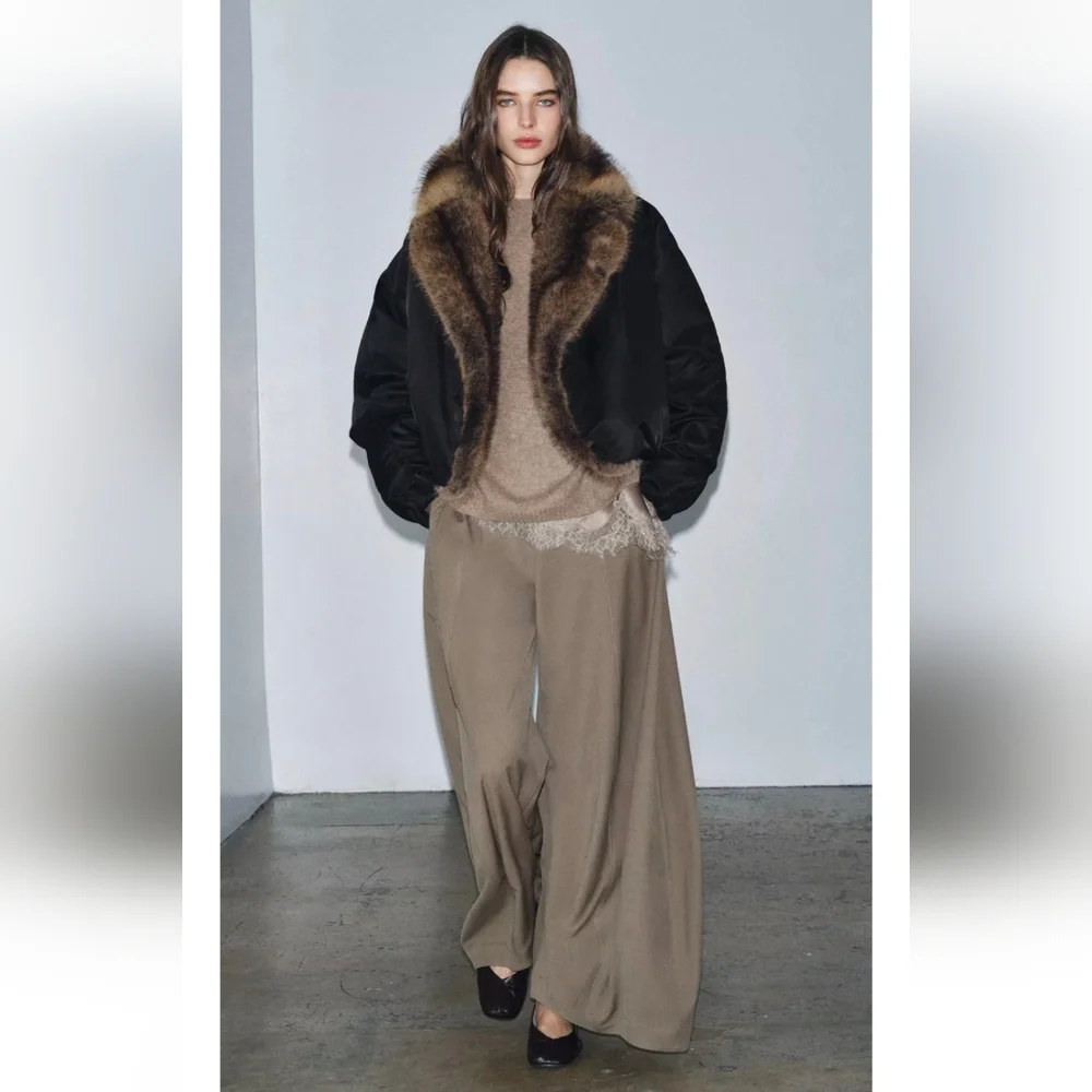 ZARA FAUX FUR COLLAR BOMBER JACKET ZW COLLECTION - Picture 4 of 9